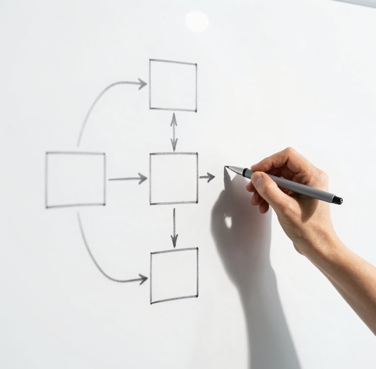 Close-up of hands sketching a workflow diagram on a whiteboard with a precise technical pen, sharp shadows, high-contrast daylight, minimalist architectural photography style, 35mm lens. Image bleeds left.