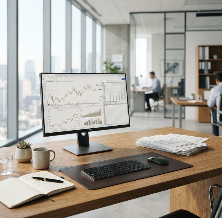 Escritório corporativo moderno e profissional, ambiente de trabalho limpo e organizado, luz natural brilhante, com um monitor exibindo gráficos financeiros e documentos sobre uma mesa de madeira.