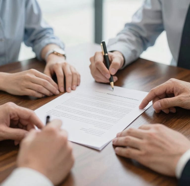 Close-up of diverse hands reviewing a signed contract on a polished dark wood table, focus on the document, bright natural office light, clean neutral tones, shallow depth of field, 35mm