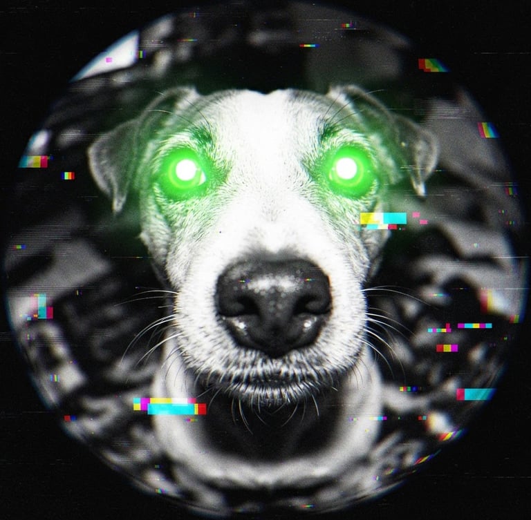 Extreme fish-eye lens close-up of a Jack Russell terrier with glowing neon green eyes, glitch distortion effects, harsh flash photography, early-internet brutalist aesthetic.