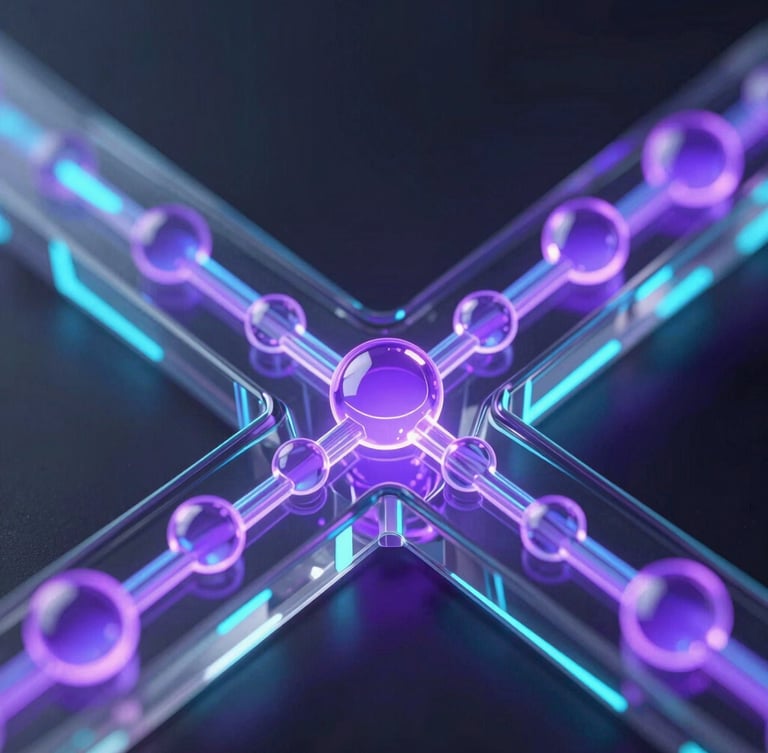 Macro close-up of a sleek 3D render showing glowing violet data nodes flowing through transparent glass channels, dark futuristic tech aesthetic, ultra-detailed, octane render