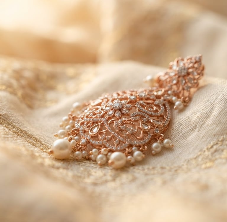 Close-up macro shot of intricate rose gold bridal jewellery, warm diffused golden-hour window light, soft-focus silk saree drape in the background