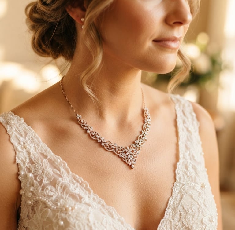 Close-up macro shot of a bride wearing a detailed rose gold necklace, warm diffused golden-hour window light highlighting the intricate stone settings, soft-focus background.