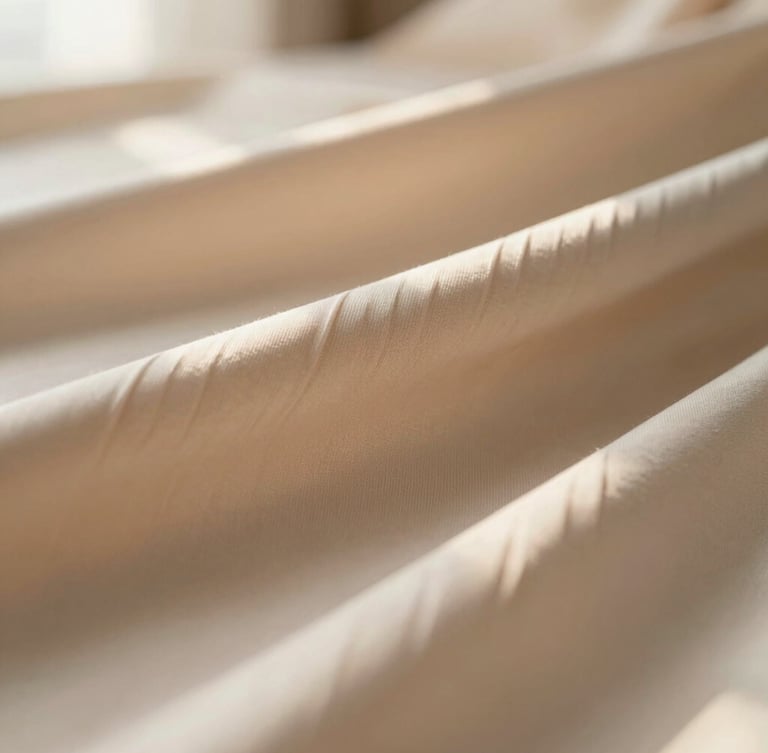 Close-up macro shot of premium beige and cream pleated fabrics, soft morning sunlight, shallow depth of field, warm minimalist aesthetic