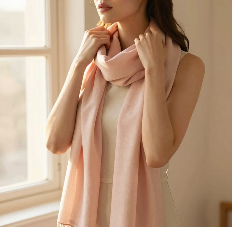 Medium shot of a woman adjusting a soft-draping pastel pink scarf, warm golden hour window light, soft elegant posture