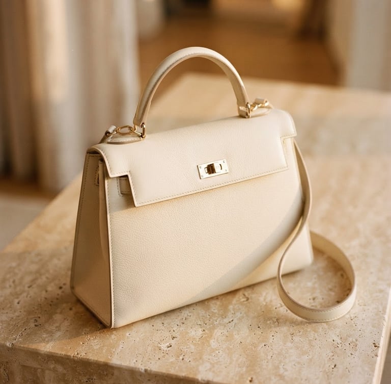 Softly lit close-up of a structured cream leather handbag resting on a sand-colored stone surface, warm diffused golden hour window light, elegant minimalist framing, 35mm