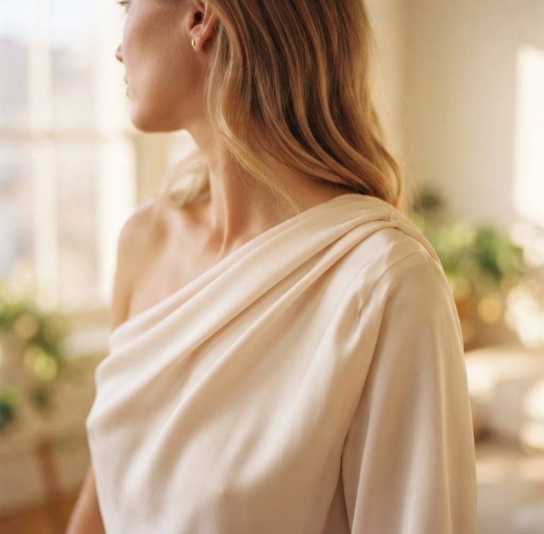 Warm editorial photography, soft golden hour window light, cream and blush tones, shallow depth of field, 35mm. A close-up of soft-draping silk fabric on a model's shoulder, elegant modest styling.