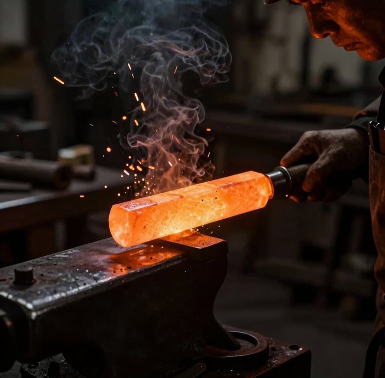 Dramatic portrait shot of a master bladesmith in a dark workshop inspecting a glowing orange steel billet, high-contrast low-key lighting, smoke and sparks in the background, 50mm lens.