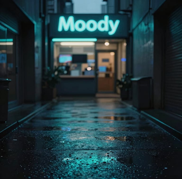 Moody Vancouver alley at dusk, neon cyan glow from a gaming cafe sign in the background, close-up of rainy pavement, shallow depth of field, 35mm, portrait aspect.