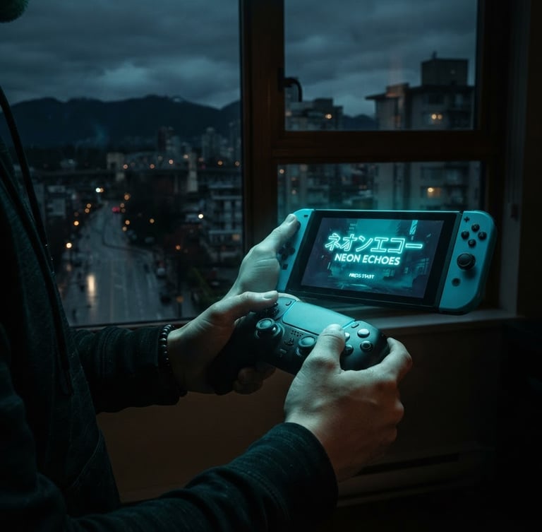 Close-up of hands on a gaming controller, neon cyan light reflecting on the screen showing an indie game title, moody Vancouver streetscape visible through a window in the background, shallow depth of field, 35mm.