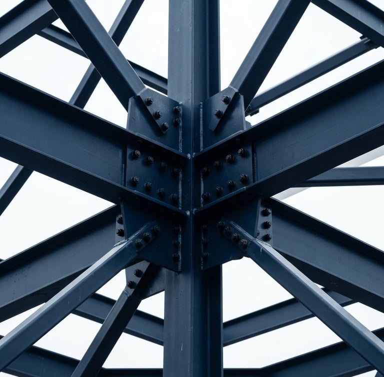 Crisp technical photography of structural steel joints under sharp overcast daylight, deep navy and stark white tones, architectural lens framing