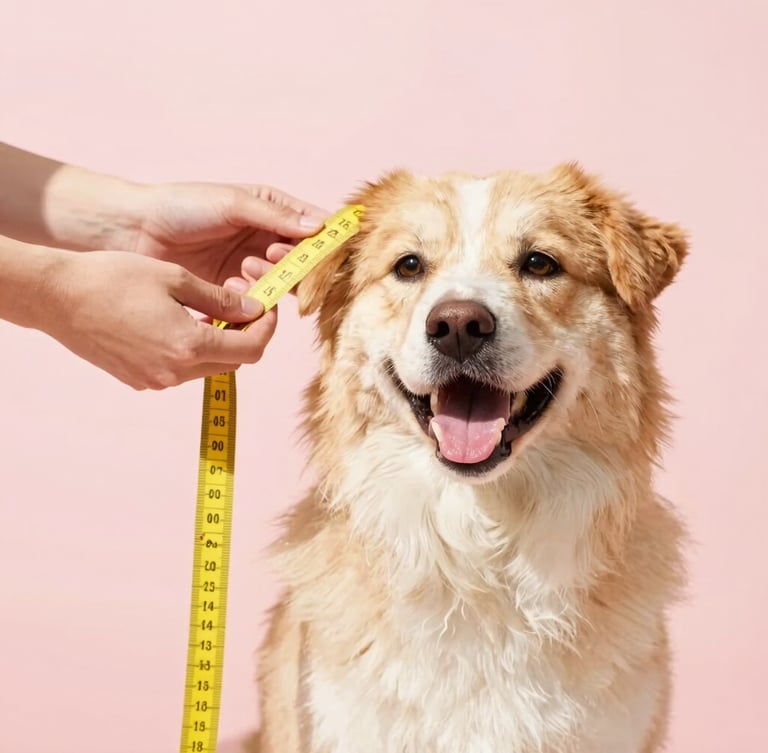 Bright editorial photography, warm natural daylight, a person gently measuring a happy dog with a soft yellow measuring tape on a soft pastel background, eye-level pet portrait, 35mm