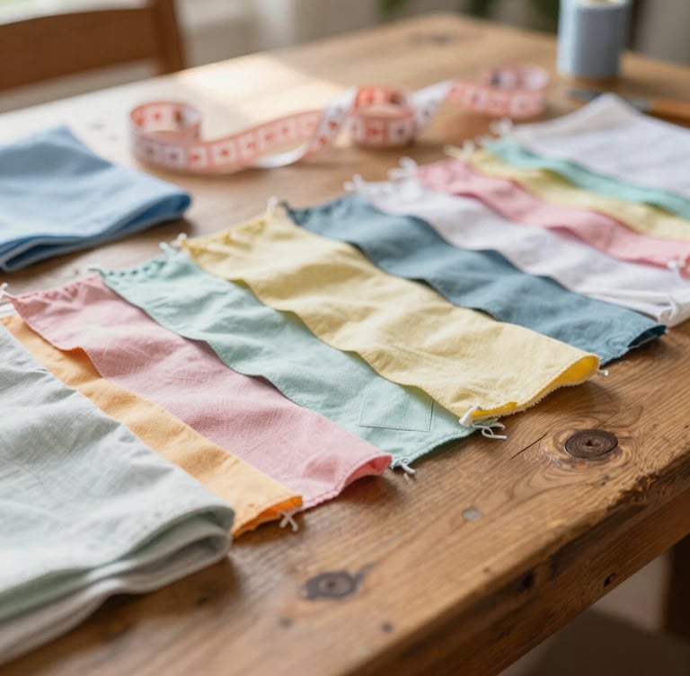Nostalgic close-up of colorful fabric scraps, sewing patterns, and a soft measuring tape on a rustic wooden table in a warm family workshop, soft natural morning light, shallow depth of field, 35mm
