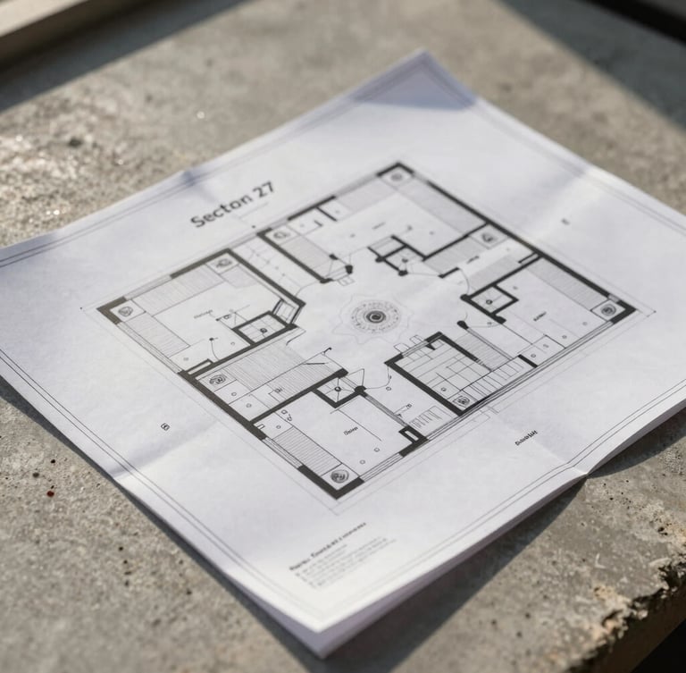 A close-up architectural layout blueprint of Sector 27 plot divisions resting on a concrete surface under bright morning sunlight.