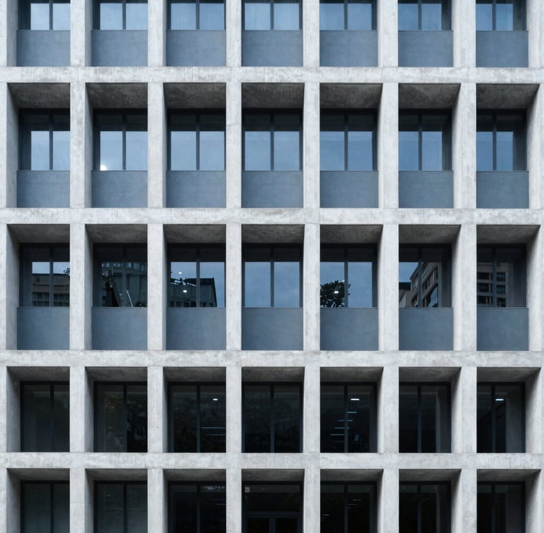 Architectural detail of a modern civic building with clean concrete grids and cool diffused daylight, symmetrical framing, 35mm lens
