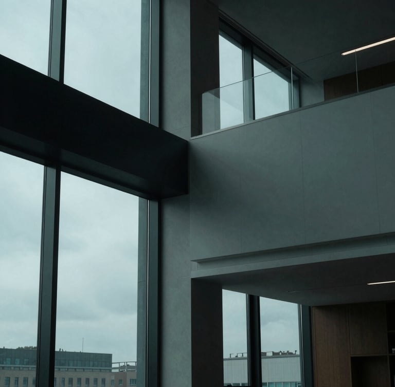 Abstract modern law office interior with high-contrast architectural lighting, cool overcast daylight filtering through large windows, deep teal shadows, professional and authoritative atmosphere, 35mm