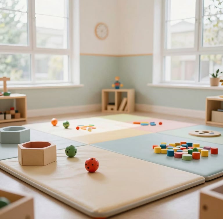 Wide shot of a brightly lit, clean and organized children's play area with soft mats and educational toys, natural light pouring through windows, warm editorial photography, soft pastel tones