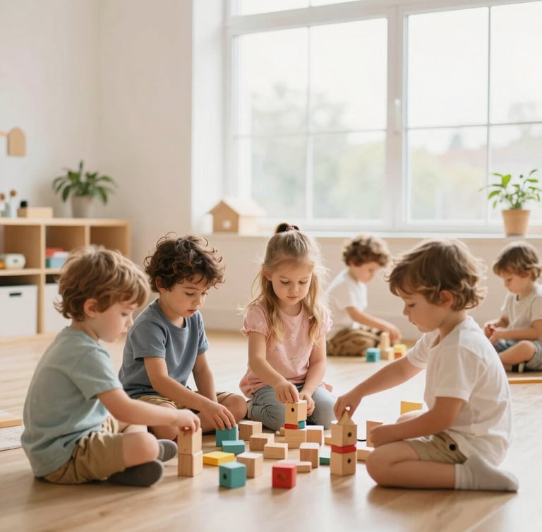 Wide shot of a clean, bright child care learning space, soft natural light, children engaged in educational play with wooden blocks, warm editorial photography, shallow depth of field, authentic moments.
