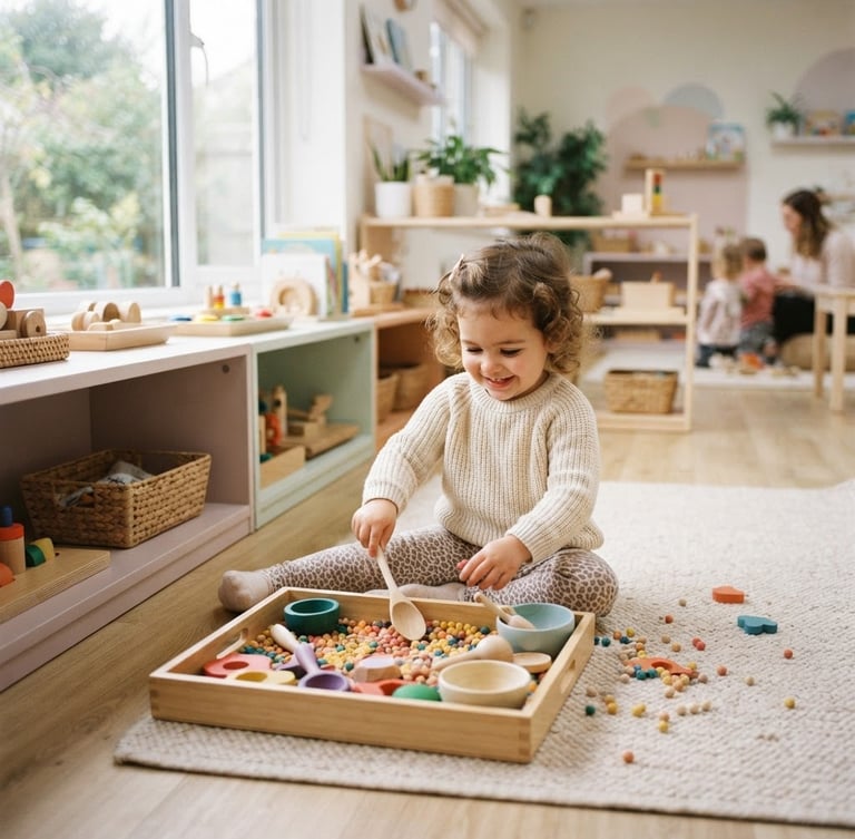 Wide shot of a bright, clean, and organized learning space with natural daylight, a happy toddler engaged in tactile educational play, soft pastel tones, shallow depth of field, authentic moment.