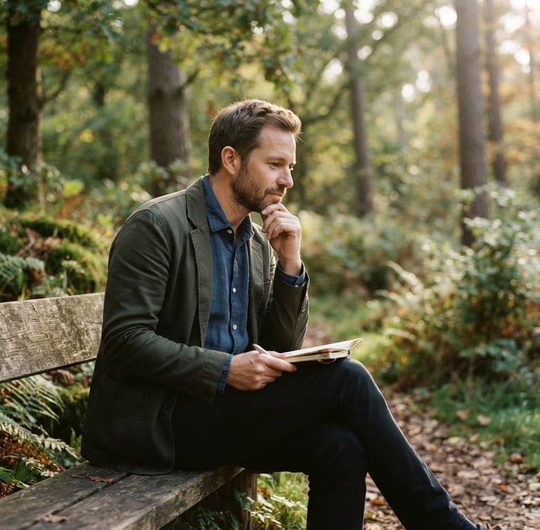 A warm, sunlit environmental photo of a man in quiet reflection outdoors, soft diffused natural light, muted blues and earthy greens, 35mm.