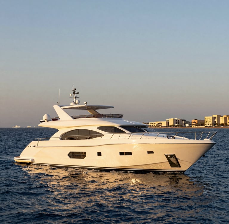Bright editorial travel photography of a modern luxury yacht on the Red Sea in Sharm El Sheikh, warm golden-hour sunlight, rich natural colors, high contrast.