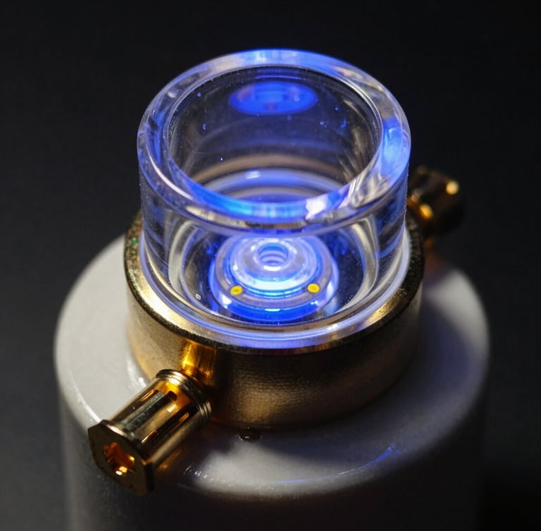 Macro close-up of a quartz glass UV lamp envelope, precise gold-plated connector on a heavy-duty ceramic base, high-contrast industrial lighting with deep shadows and a sharp UV-blue edge glow.