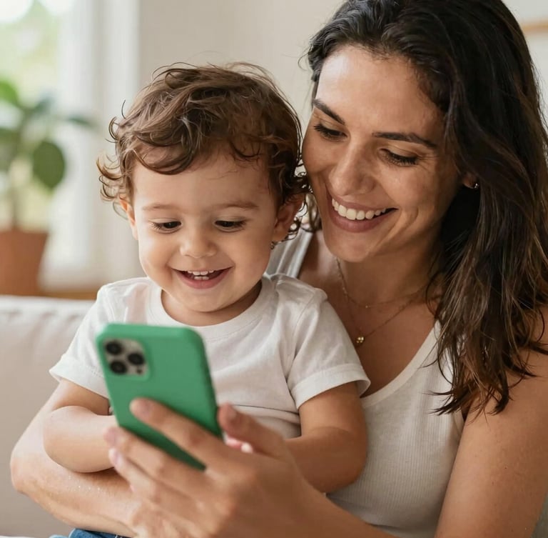 A close-up of a happy Brazilian mother holding her smiling toddler, looking at a smartphone screen with a green chat window visible, warm natural sunlight, authentic home setting.
