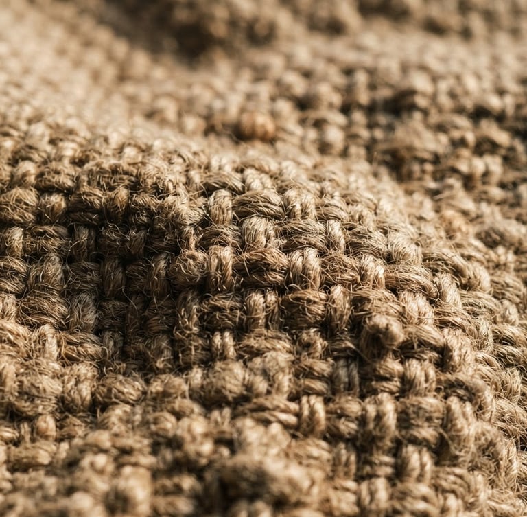 Tight macro shot of heavy raw linen fabric weave under low-angle natural window light, deep shadows casting into the textured grain, warm clay tones, 35mm lens