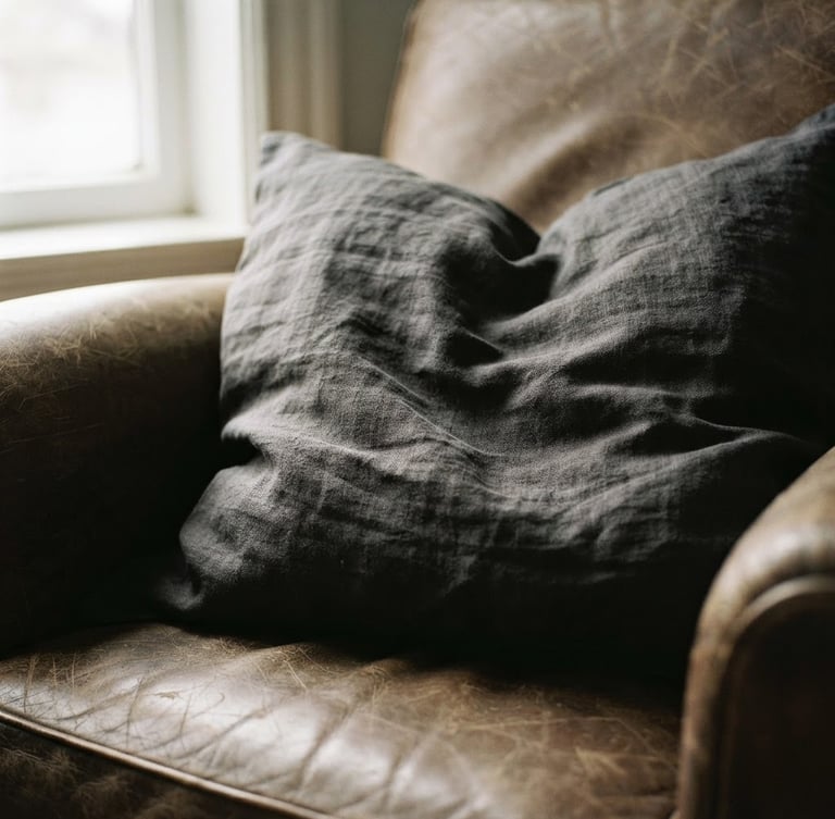 A close-up of a rumpled charcoal linen pillow cover on a worn leather chair, low-angle natural window light casting deep shadows into the heavy fabric grain, warm editorial photography, 35mm lens