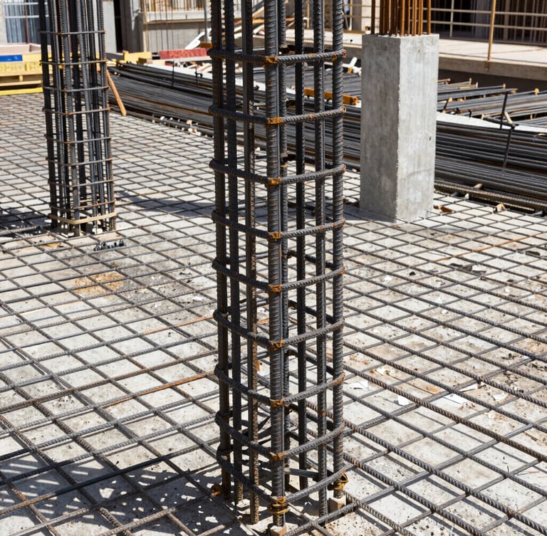 Close-up of steel reinforcement rebar mesh on a Colombian construction site, bright natural daylight, concrete columns being prepared, highly realistic, sharp focus, 35mm