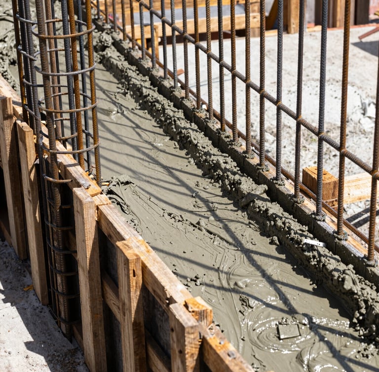 High-contrast close-up photograph of a concrete pour on a real Colombian construction site. Wet concrete flowing into wooden formwork reinforced with steel rebar. Bright natural daylight highlights the texture of the wet cement and the metallic sheen of the steel. Sharp focus, 35mm architectural realism.