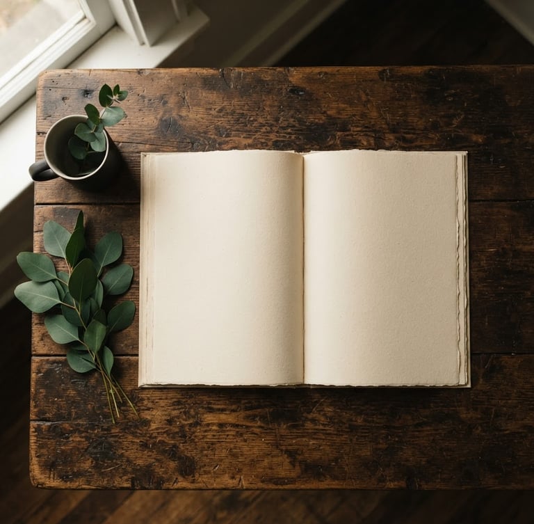 Overhead flat lay of an open physical book on a dark rustic wooden table, soft natural window light, warm cream tones, 35mm lens