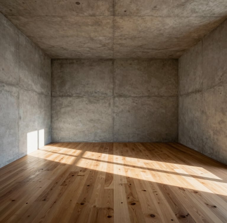Symmetrical straight-on architectural photograph of a minimalist concrete room, harsh dramatic sunlight casting sharp geometric shadows on a warm oak floor, wide-angle lens