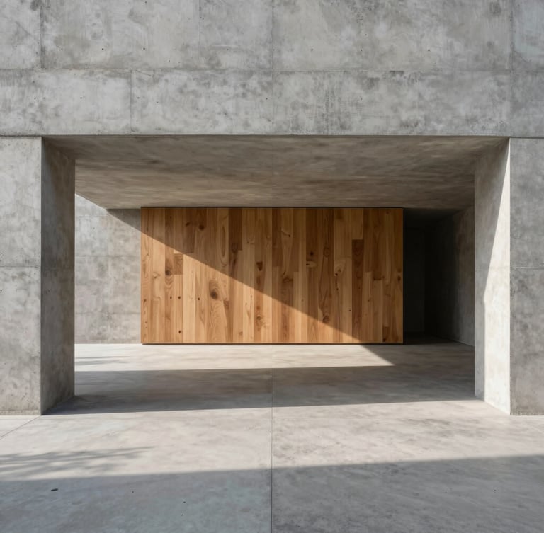 Symmetrical architectural photography of a minimalist concrete and warm oak living space, harsh dramatic morning shadows cutting across the floor, wide-angle lens
