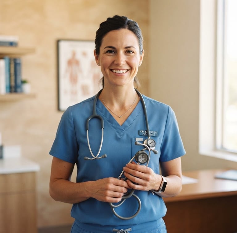 Bright professional clinical photography of a friendly doctor in clean blue scrubs holding a stethoscope, soft natural daylight, warm sand tones, 35mm lens.