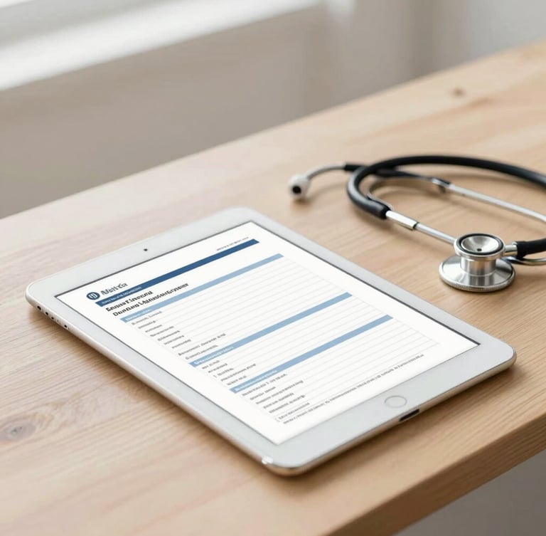 A clean modern tablet displaying a clinical medical report PDF next to a stethoscope on a warm sand wood counter, bright soft natural daylight, professional editorial 35mm photography