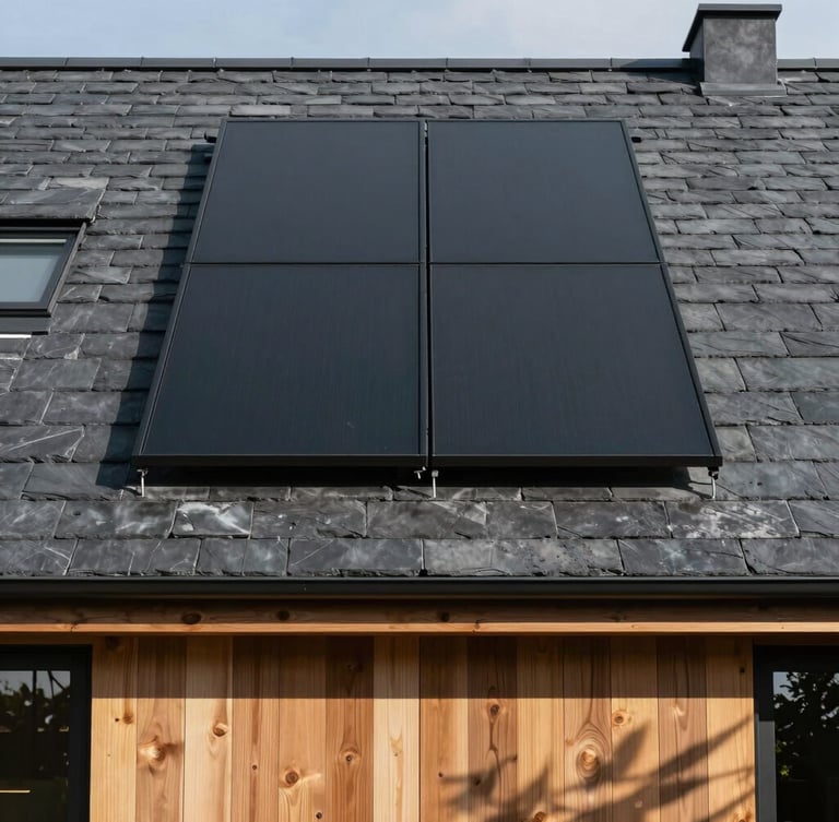 Straight-on architectural photography of a minimalist modern home with matte-black solar panels integrated seamlessly into a dark slate roof, sharp natural sunlight, deep geometric shadows, 35mm lens