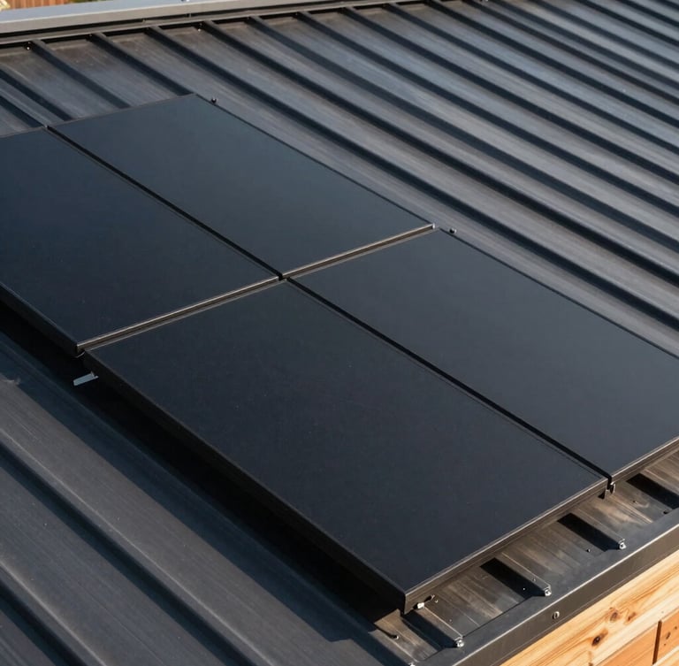 Close-up architectural photograph of matte-black solar panels integrated into a modern dark metal roof, sharp natural sunlight casting deep geometric shadows, 35mm lens.
