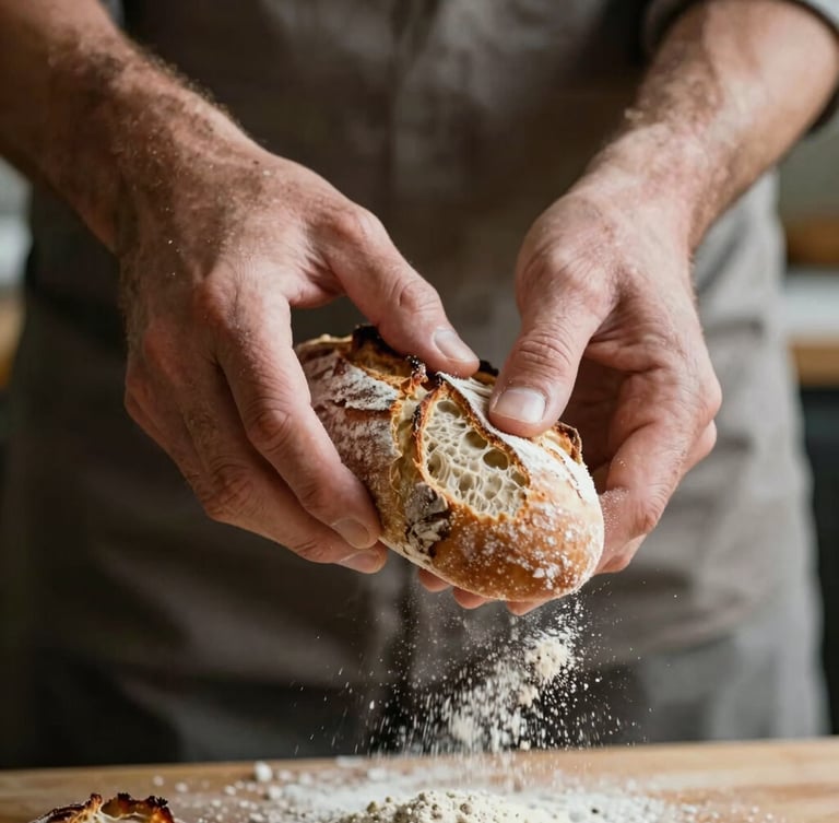 Vue rapprochée des mains d'un boulanger français façonnant une miche de pain de campagne, farine en suspension, lumière naturelle du matin.