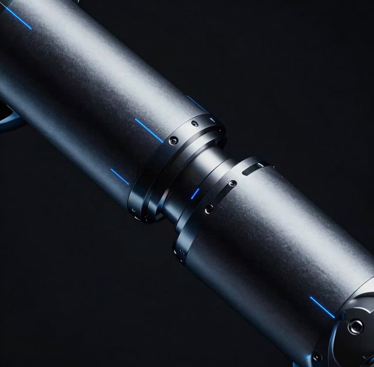 Close-up of a high-precision robotic joint with sharp metallic highlights and deep shadows, cool blue laser lines reflecting off the titanium casing, dark high-tech product photography, cinematic lighting, 8k resolution