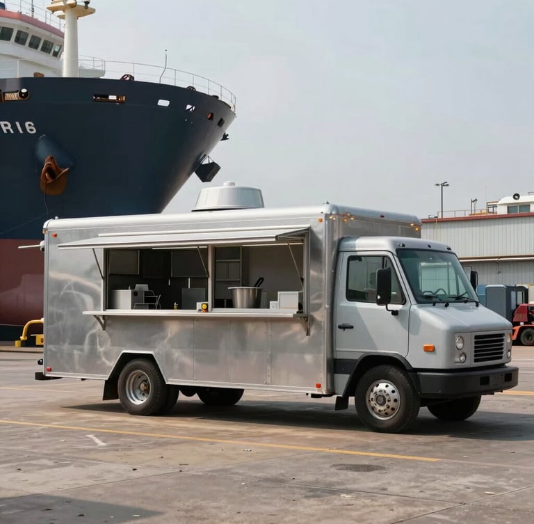 A wide-angle shot of a custom-outfitted mobile kitchen vehicle operating in an active industrial shipyard, natural daylight, steel gray tones.