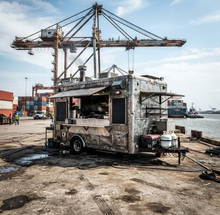 Industrial documentary photography of a custom steel mobile kitchen truck parked at a New Orleans port, high-contrast daylight, steel and charcoal tones, wide-angle lens