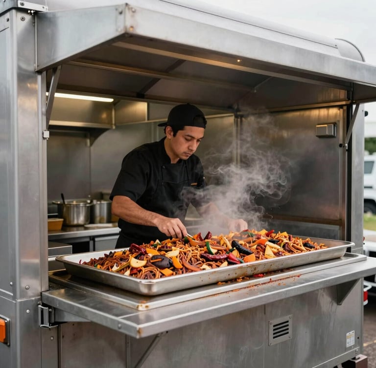 A professional chef in a black uniform inside a custom steel mobile kitchen, preparing a large tray of hearty Creole jambalaya under warm interior lighting, steam rising.