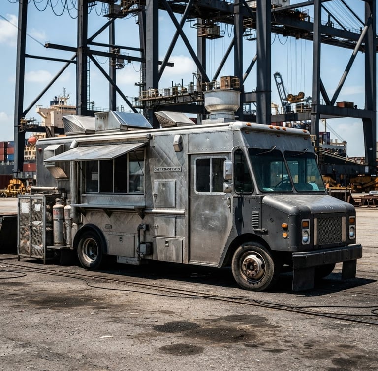 Portrait shot of a heavy-duty custom mobile kitchen truck with stainless steel panels, parked at an industrial Gulf Coast port under high-contrast midday sun, steel girders framing the background.