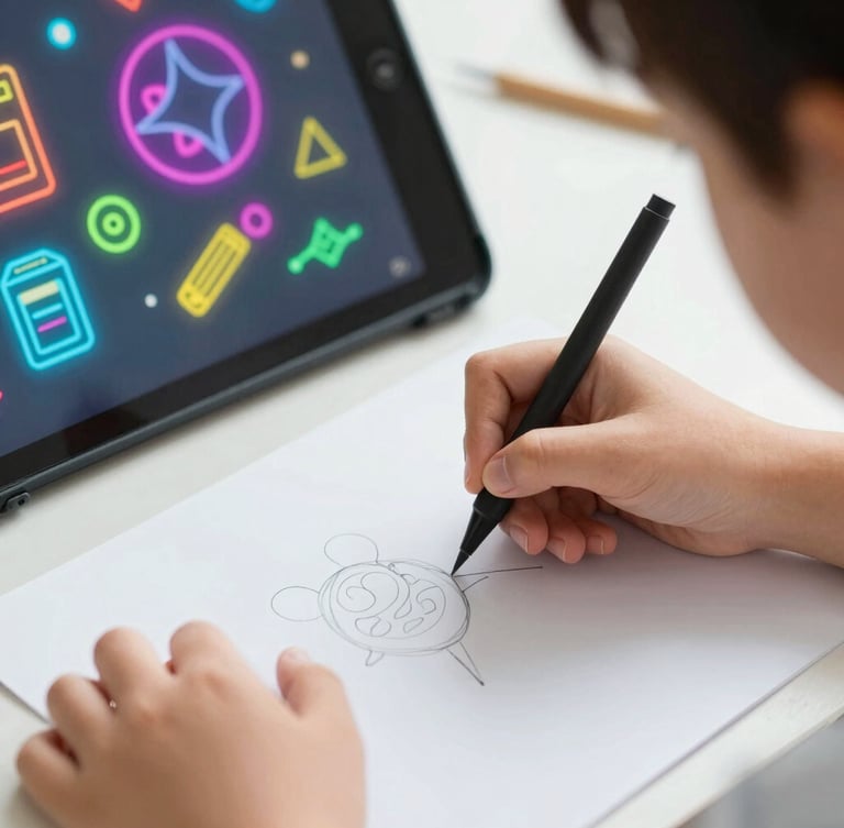 Close-up of a child's hands sketching on a tablet next to a screen showing vibrant neon digital illustrations, bright natural daylight, 35mm