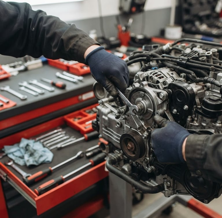 Close-up of a mechanic's hands adjusting an engine component under even workshop light, clean tools laid out, red accents on the workbench, sharp focus, 35mm lens