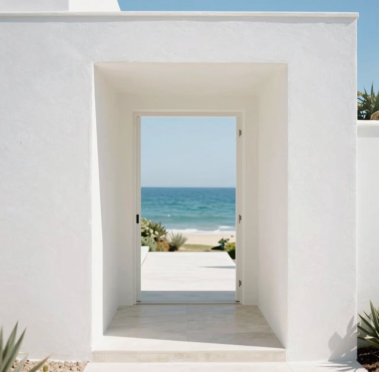 A bright high-key 35mm photo of a pristine luxury coastal estate entryway, warm sun-drenched day, white walls, clean lines, minimalist architecture, shallow depth of field.