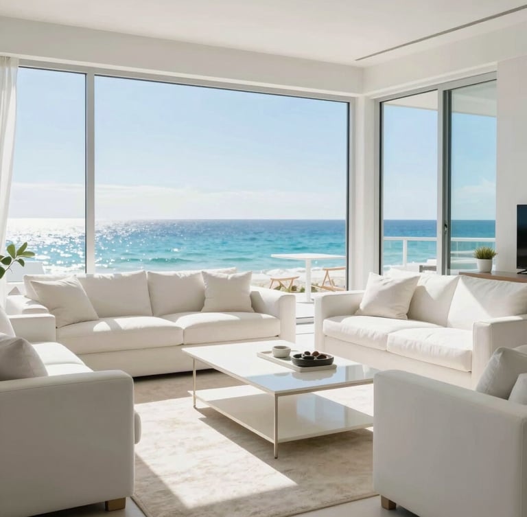 Sun-drenched luxury living room with floor-to-ceiling windows overlooking the Gulf of Mexico, bright daylight, minimalist white furniture, ocean blue accents, 35mm editorial photography