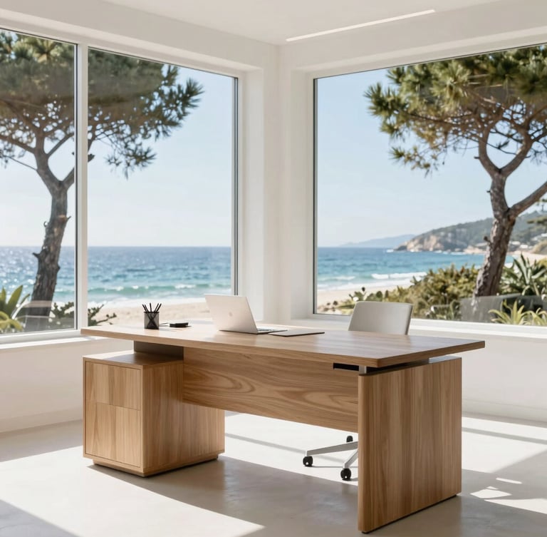 A bright, airy, sophisticated office environment with large windows overlooking coastal pines, natural light, minimalist oak desk with elegant design details, 35mm editorial photography.