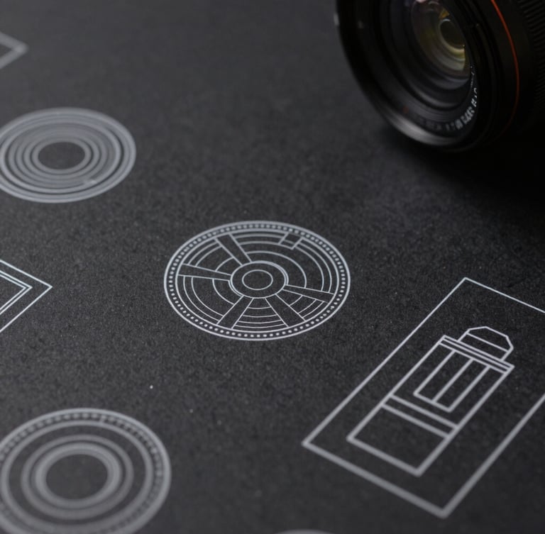 Macro detail of physical brand mockups and vector wireframes on a dark table, high-contrast studio lighting, sharp focus, crisp digital design photography
